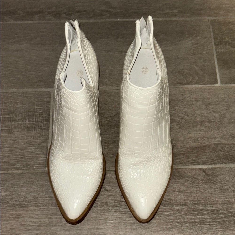 White Croc-Embossed Ankle Boots